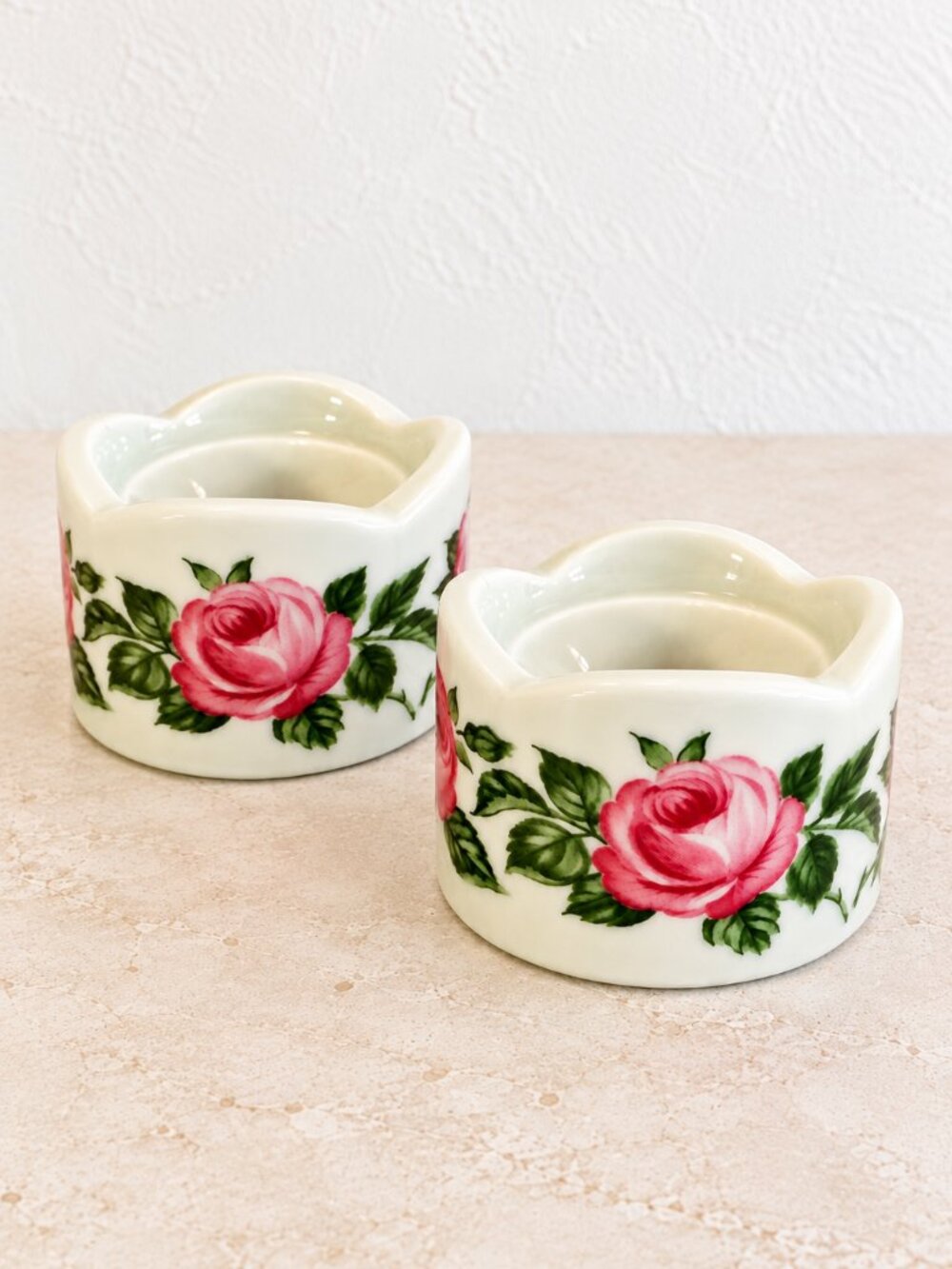 VTG W Germany Floral Taper Candle Holders Pair Cottagecore Pink Roses Ceramic